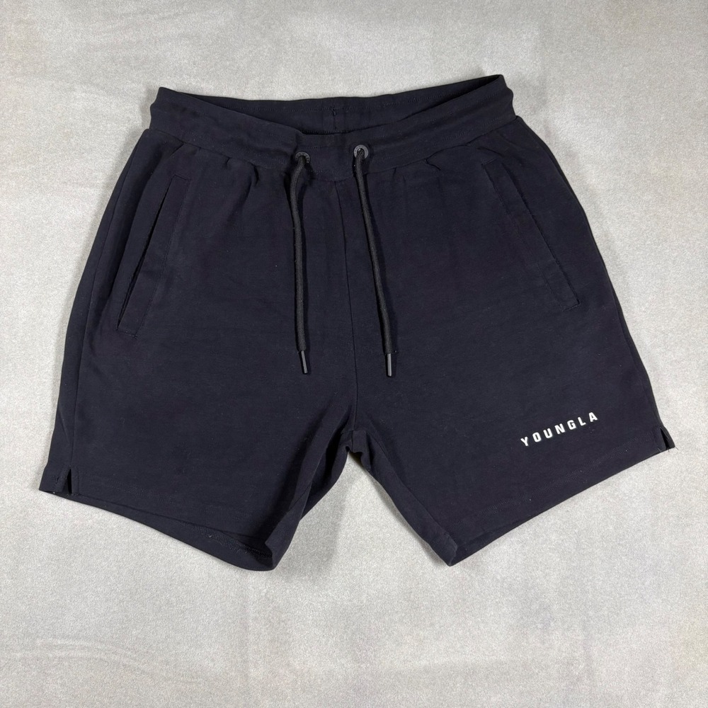 YoungLA Mens Black Gym Athletic Shorts Zipper Pockets Medium 6in Inseam